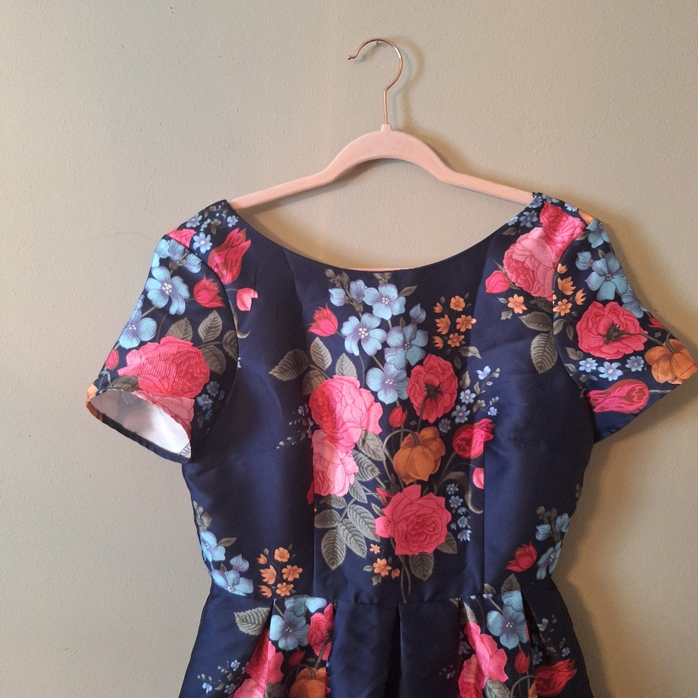 Floral Fit-and-Flare Dress in Navy with Pink Floral Print - Picture 4 of 14